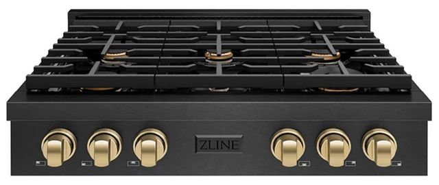 ZLINE Autograph Edition Paramount 36" Black Satin Stainless Steel Gas Rangetop with 6 Brass Burners and Porcelain Cooktop in Polished Gold Accents -0