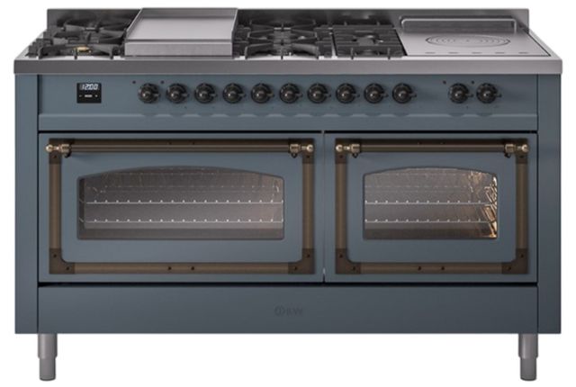 Ilve® Nostalgie II Noblesse 60'' Blue Gray Pro Style Dual Fuel Range with Burnished Trim-0