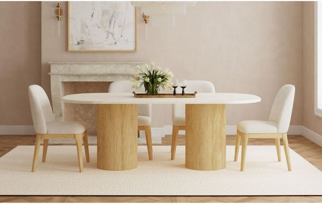 Elements International Sylvie White Faux Marble Top Dining Table with Natural Base-1
