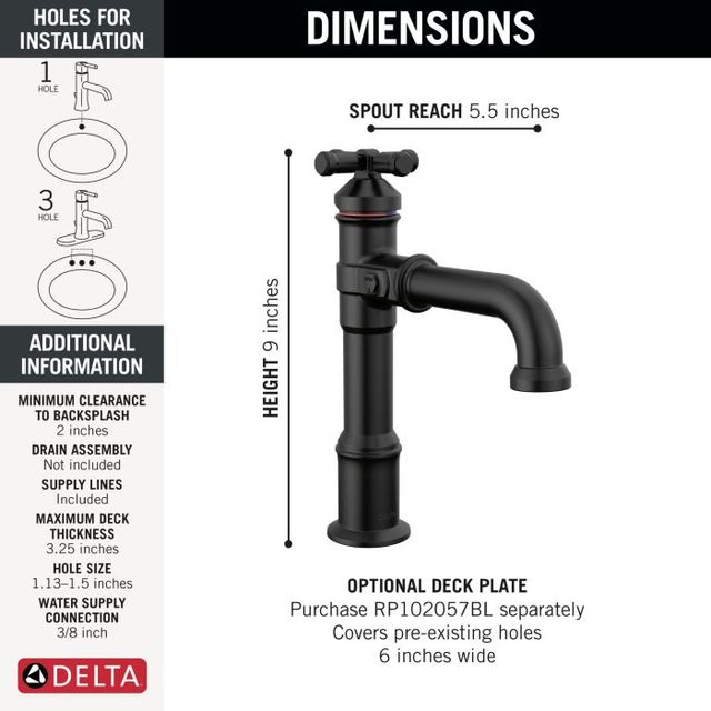 Delta Broderick® Matte Black Single Cross Handle Bathroom Faucet-1