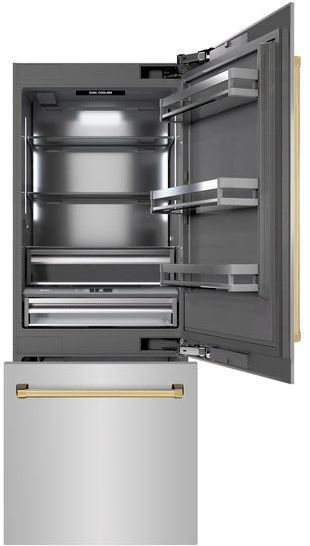 ZLINE Autograph Edition 30" 16.1 Cu. Ft Satin Stainless Steel Built In Bottom Freezer Refrigerator with Polished Gold Accents-1