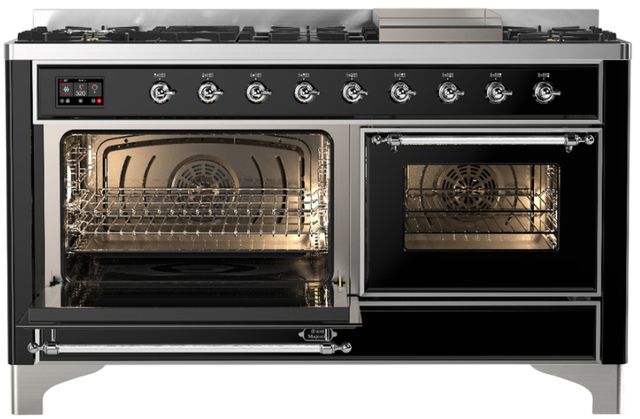 Ilve® Majestic III 60" Glossy Black Pro Style Dual Fuel Natural Gas Range with Triple Glass Door and Chrome Trim-2