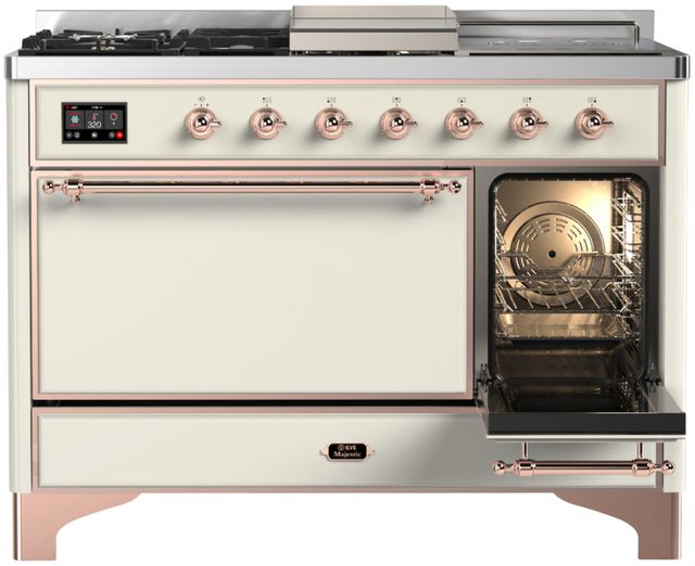 Ilve® Majestic III 48" Antique White Pro Style Dual Fuel Natural Gas Range with 5 Black Brass Burners and Copper Trim-3