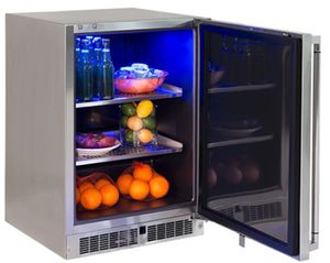 view of the Lynx® 24" Stainless Steel Outdoor Refrigerator with the door open and fully stocked 