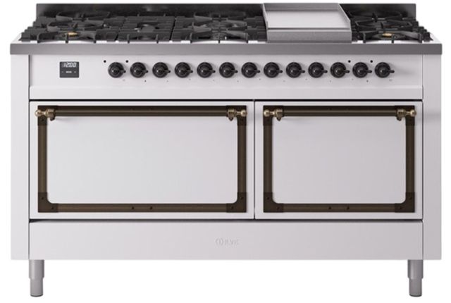 Ilve® Nostalgie II Noblesse 60'' White Pro Style Dual Fuel Range with Burnished Trim-0