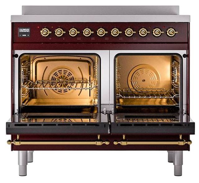 Ilve® Nostalgie II Noblesse 40'' Burgundy Pro Style Induction Range with Brass Trim-2
