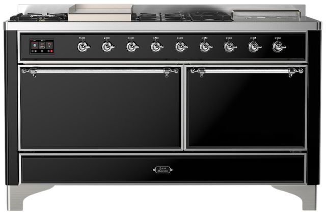 Ilve® Majestic III 60" Glossy Black Pro Style Dual Fuel Liquid Propane Range with Griddle and Chrome Trim-0