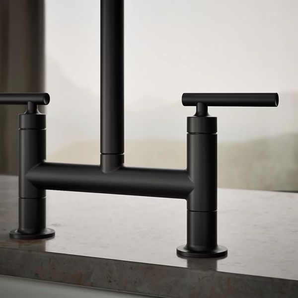 KOHLER® Purist® Matte Black 2-Hole Bridge Kitchen Sink Faucet with Side Sprayer-4