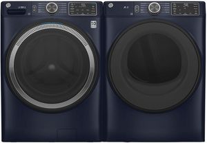 Front view of the GE® Sapphire Blue Front Load Laundry Pair