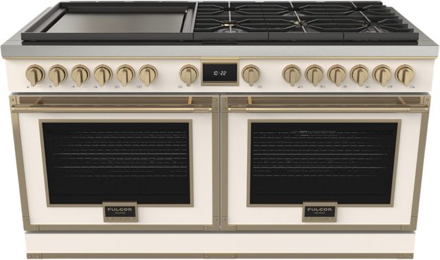 Fulgor Milano® Evoque 400 Series 60" Glossy White Pro Style Dual Fuel Hybrid Range with Brushed Brass Trim -0