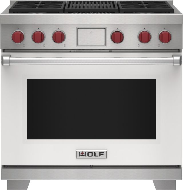 Wolf® 36" White Freestanding Dual Fuel Range Bobby Dollar Appliances