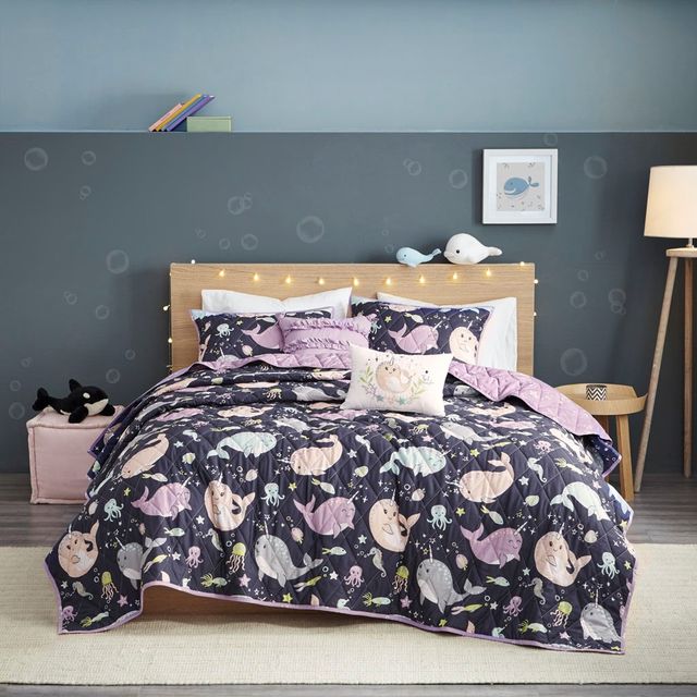Olliix by Urban Habitat Kids Magical Narwhals Cotton Reversible Purple Multi Full/Queen Coverlet Set-0
