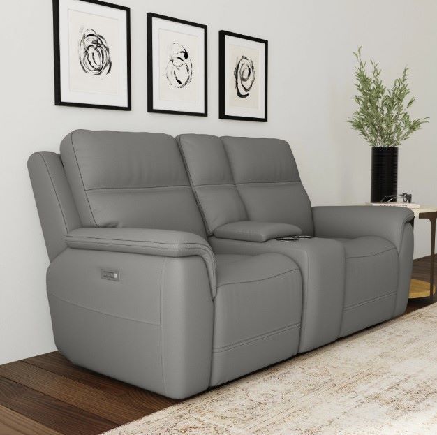 Flexsteel® Sawyer Gray Power Reclining Loveseat with Console, Power Headrests and Lumbar-1
