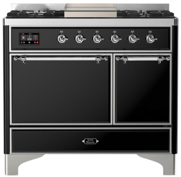 Ilve® Majestic III 40" Glossy Black Pro Style Dual Fuel Liquid Propane Range with Solid Door and Chrome Trim-0
