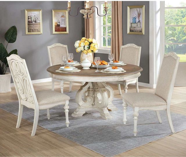 Furniture of America® Arcadia 5-Piece Antique White Round Dining Table Set with Brown Top -1