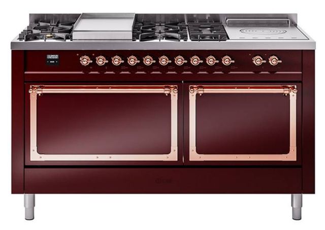 Ilve® Nostalgie II Noblesse 60'' Burgundy Pro Style Dual Fuel Range with Copper Trim-0