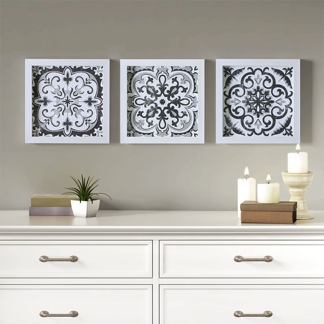 Olliix by Madison Park Montage 3 Black/White Printed Distressed Tile Pattern Decorative Box Wall Art Set-4