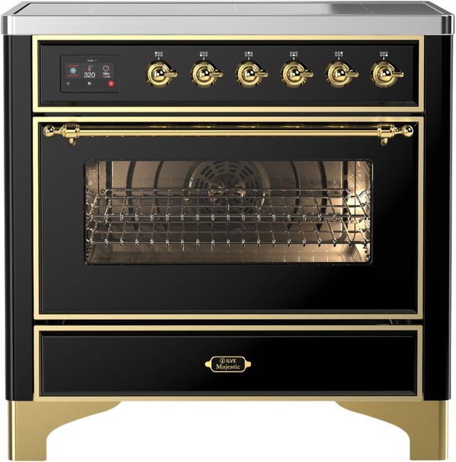 Ilve® Majestic III 36" Glossy Black Pro Style Induction Range with Triple Glass Door and Brass Trim-0