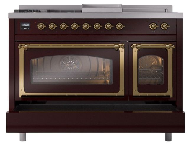 Ilve® Nostalgie II Noblesse 48'' Burgundy Pro Style Dual Fuel Range with Brass Trim-3