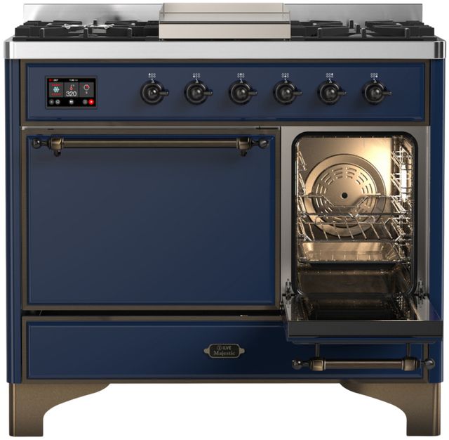 Ilve® Majestic III 40" Midnight Blue Pro Style Dual Fuel Liquid Propane Range with Solid Door and Burnished Trim-3