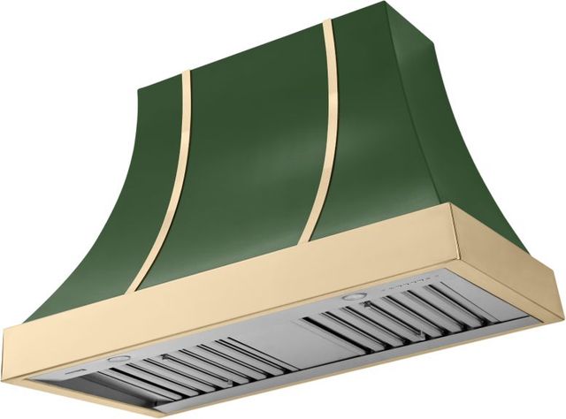 La Cornue CornuFé Cascade 44" Brands Hatch Green Wall Mounted Range Hood with Polished Brass Trim-0