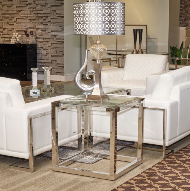 Michael Amini® State St. Glass Top Square End Table with Stainless Steel Base-1