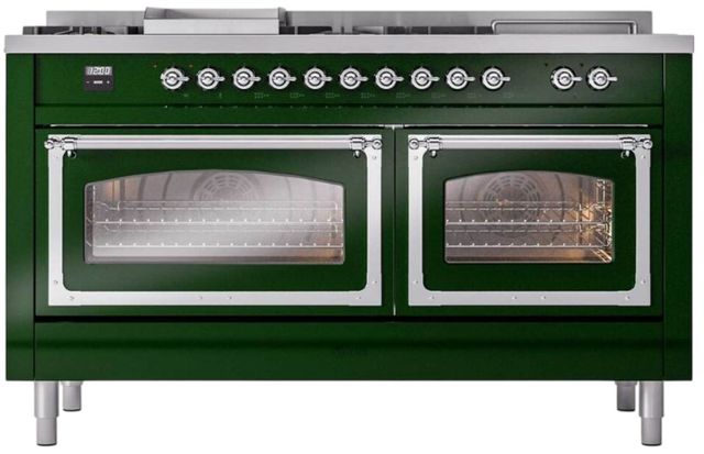 Ilve® Nostalgie II Noblesse 60'' Emerald Green Pro Style Dual Fuel Range with Chrome Trim-1