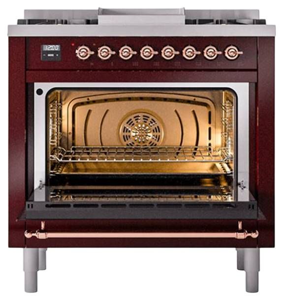 Ilve® Nostalgie II Noblesse 36'' Burgundy Pro Style Dual Fuel Range with Copper Trim-1