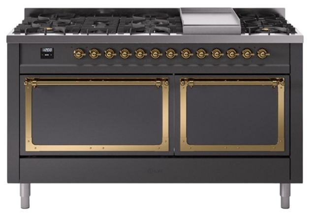 Ilve® Nostalgie II Noblesse 60'' Graphite Matte Pro Style Dual Fuel Range with Brass Trim-0