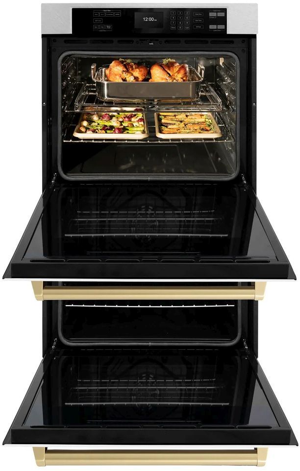 ZLINE Autograph Edition Professional 30" Satin Stainless Steel Double Electric Wall Oven with White Matte Doors and Champagne Bronze Accents-2