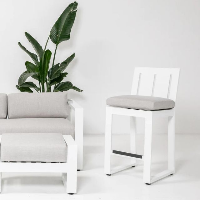 Sunset West Newport Satin White Aluminum Outdoor Counter Stool with Cast Silver Cushion-3