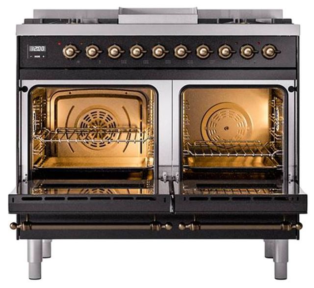 Ilve® Nostalgie II Noblesse 40'' Glossy Black Pro Style Dual Fuel Range with Burnished Trim-2