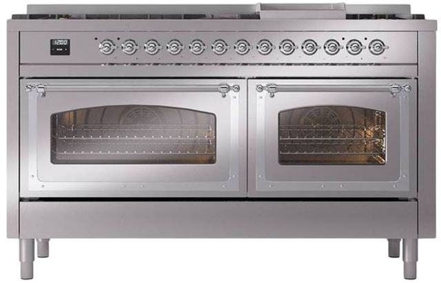 Ilve® Nostalgie II Noblesse 60'' Stainless Steel Pro Style Dual Fuel Range with Chrome Trim-1