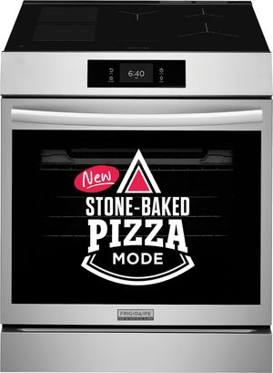 Front view of the Frigidaire Gallery® 30" Smudge-Proof® Stainless Steel Slide-In Induction Range with Stone-Baked Pizza