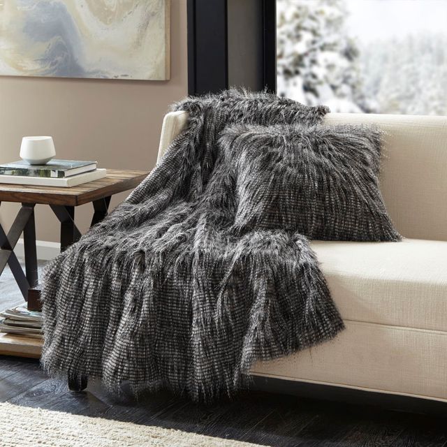 Olliix by Madison Park Edina 1 Black Faux Fur Throw-1