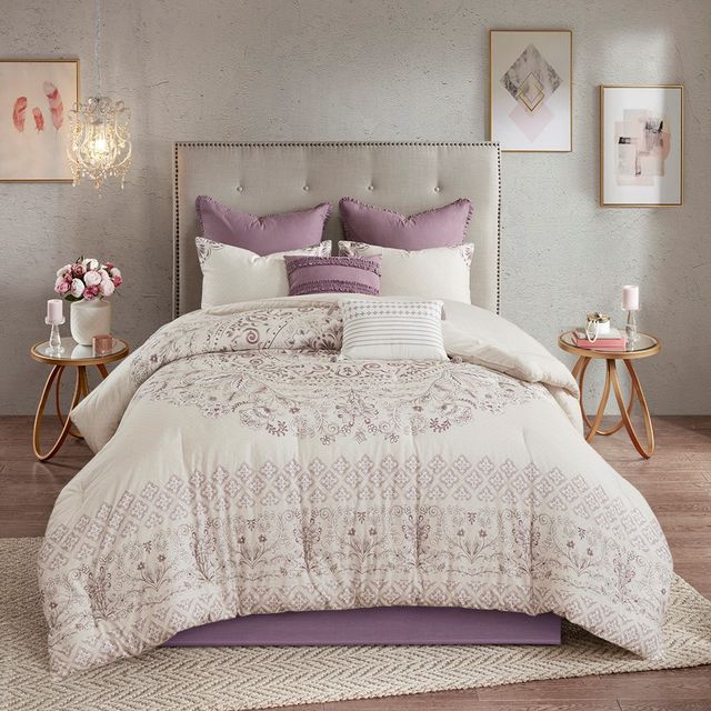 Olliix by Madison Park 8 Piece Purple Queen Elise Cotton Printed Reversible Comforter Set-2
