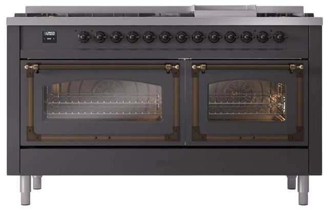 Ilve® Nostalgie II Noblesse 60'' Graphite Matte Pro Style Dual Fuel Range with Burnished Trim-1
