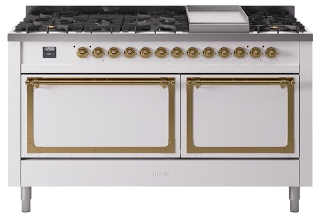 Ilve® Nostalgie II Noblesse 60'' White Pro Style Dual Fuel Range with Brass Trim-0