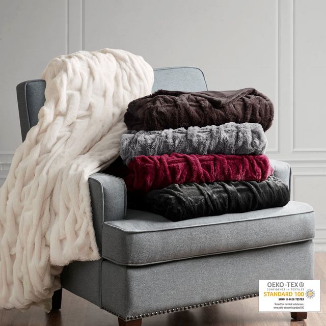 Olliix by Madison Park Luxury Ruched Fur Grey Throw-3