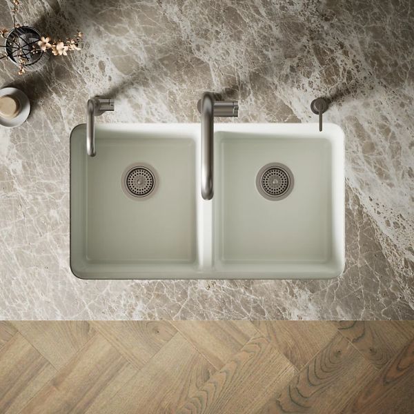 KOHLER® Riverby® Dune 33" Undermount Double-Equal Bowl Workstation Kitchen Sink with Accessories-2