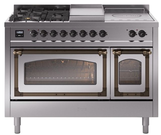 Ilve® Nostalgie II Noblesse 48'' Stainless Steel Pro Style Dual Fuel Range with Burnished Trim-0