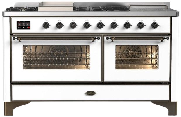 Ilve® Majestic III 60" White Pro Style Dual Fuel Liquid Propane Range with French Top and Burnished Trim-0