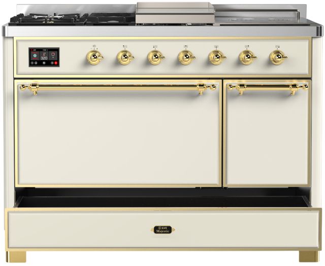 Ilve® Majestic III 48" Antique White Pro Style Dual Fuel Liquid Propane Range with 5 Black Brass Burners and Brass Trim-1