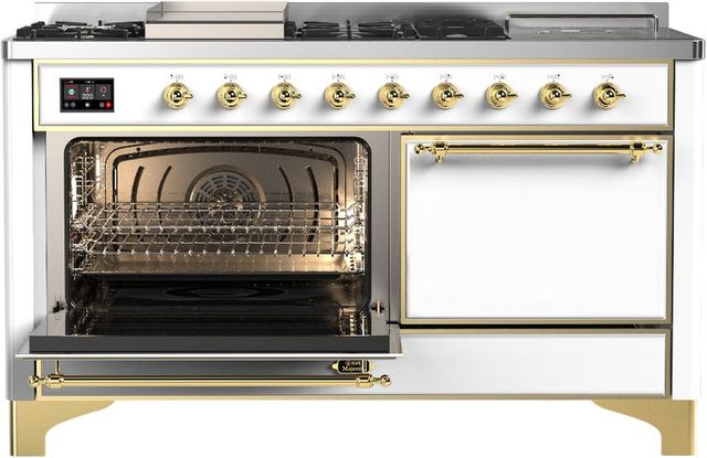 Ilve® Majestic III 60'' White Pro Style Dual Fuel Liquid Propane Range with Solid Door and Brass Trim-2