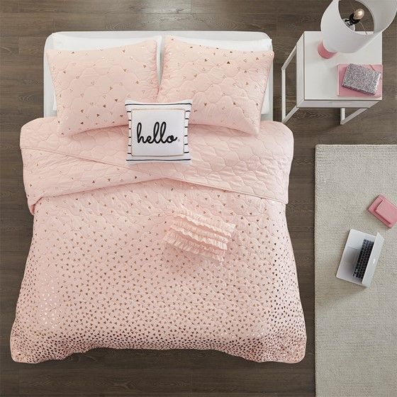 Olliix by Intelligent Design Zoey Blush and Rose Gold Twin/Twin Extra Large Metallic Printed Coverlet Set-2