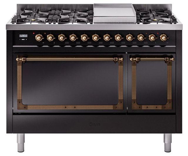 Ilve® Nostalgie II Noblesse 48'' Glossy Black Pro Style Dual Fuel Range with Burnished Trim-0