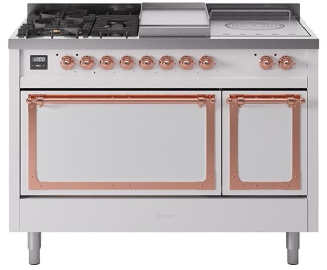 Ilve® Nostalgie II Noblesse 48'' White Pro Style Dual Fuel Range with Copper Trim-0
