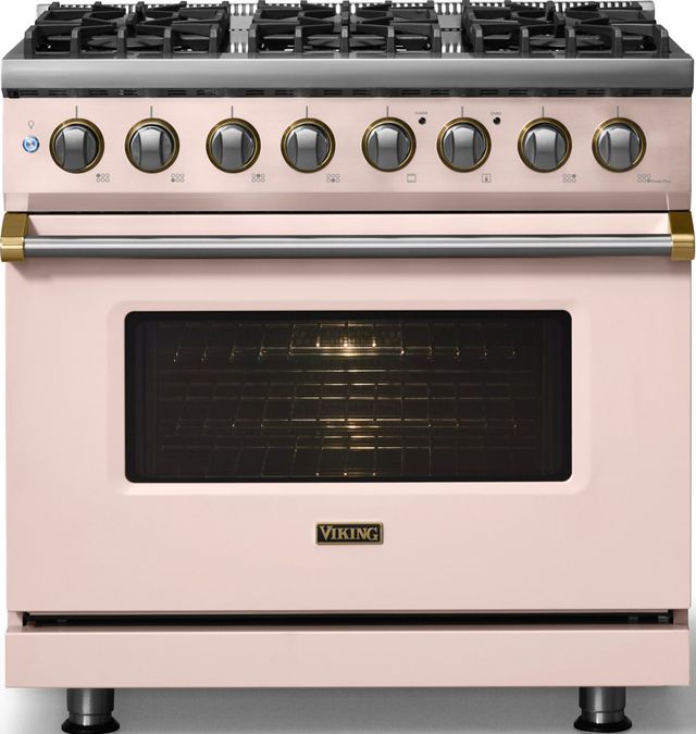 Viking® 5 Series 36" Blush Pro Style Dual Fuel (LP) Range with Brushed Brass Trim-2