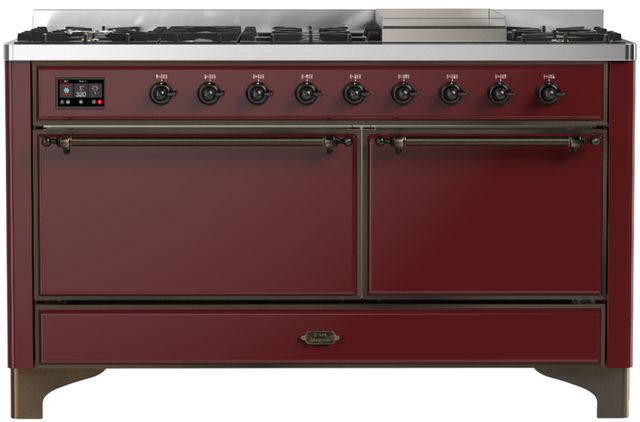 Ilve® Majestic III 60" Burgundy Pro Style Dual Fuel Natural Gas Range with Solid Door and Burnished Trim-0