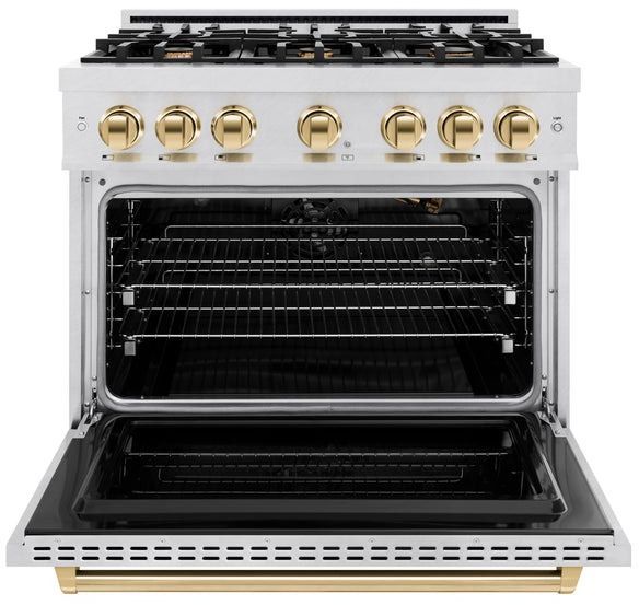 ZLINE Classic Autograph Edition 36" Satin Stainless Steel Pro Style Gas Range with Polished Gold Accents-1